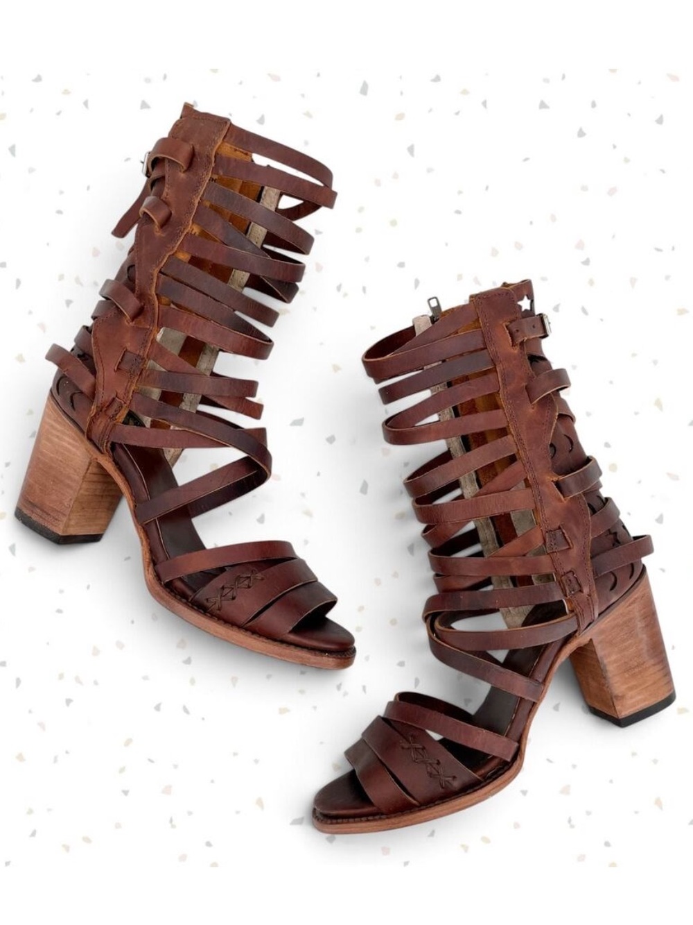 Freebird by Steven Makala Cognac Stars Moons Tall Leather Heeled Sandal Size 10